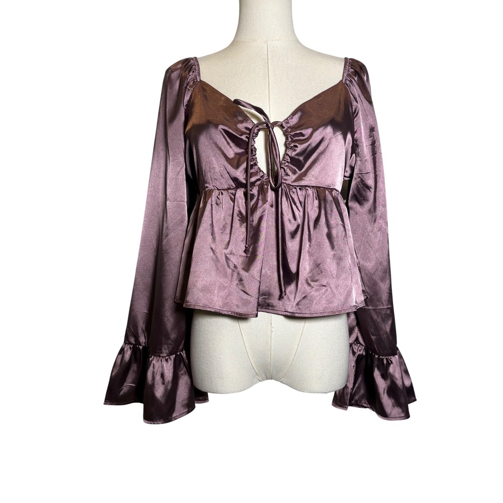 Altar'd State Mauve Satin Bell Sleeve Peplum Tie Front Top Small Romantic
